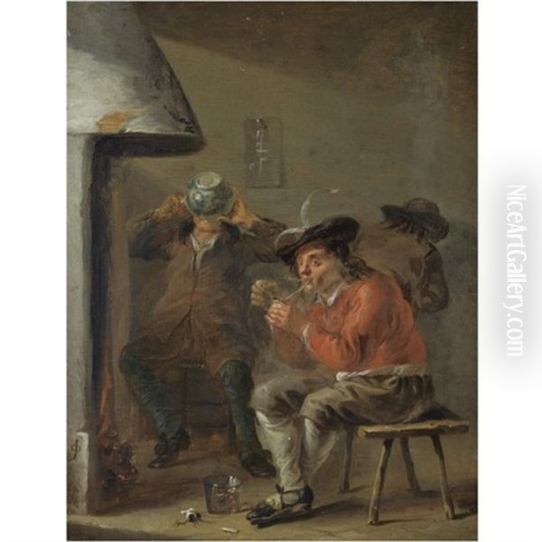 An Interior With Peasants Smoking And Drinking Beside A Fireplace Oil Painting by Jan Olis