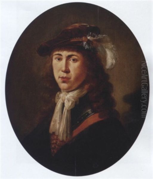 Portrait Of A Young Man In Armour And A Black Coat, A Red Vest And A White Chemise, A Feathered Brown Velvet Cap Upon His Head Oil Painting by Jan Olis