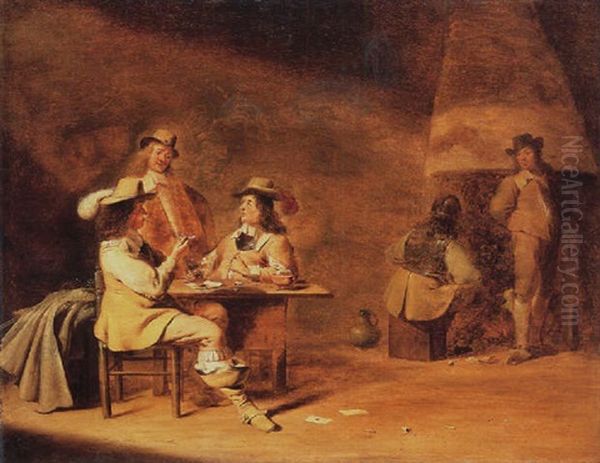 Officers Smoking And Drinking At A Table In An Inn, Others Standing And Seated By A Fireplace In The Background Oil Painting by Jan Olis