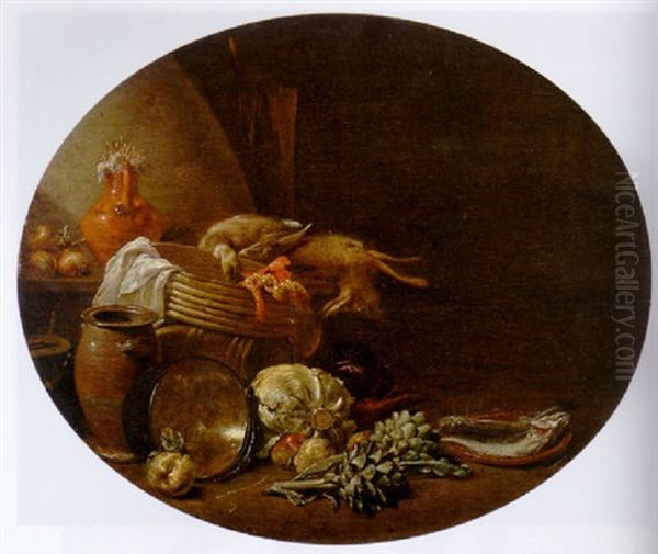 A Kitchen Interior With A Hare And A Mallard On A Table By A Basket With Fish On A Terracotta Plate, Apples And Artichokes Oil Painting by Jan Olis