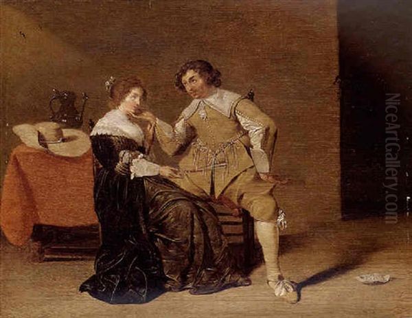 An Elegant Couple Flirting In An Interior Oil Painting by Jan Olis