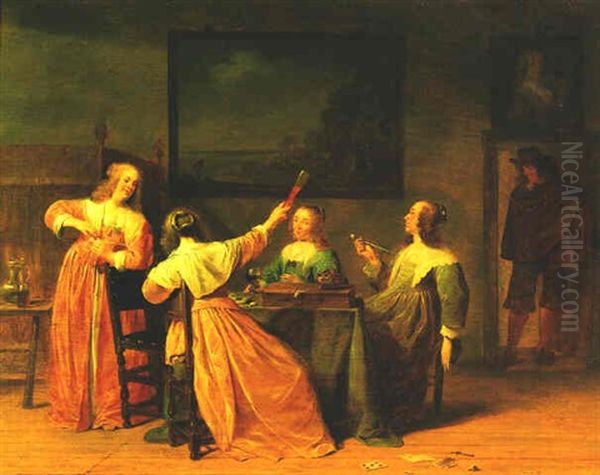 An Interior With Four Elegantly Dressed Women Sitting Around A Table Smoking And Drinking, A Man Standing In The Doorway Oil Painting by Jan Olis