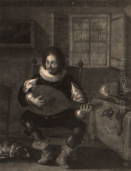 A Gentleman Playing A Lute In An Interior Oil Painting by Jan Olis