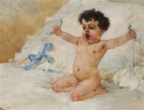 Child In A Cot Oil Painting by Viktor Oliva