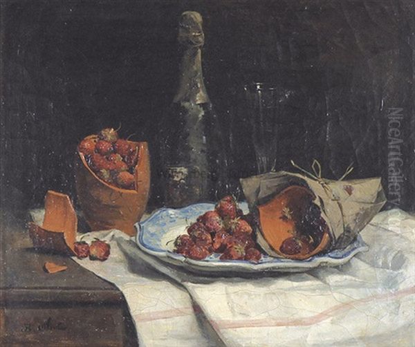 Stilleben Mit Erdbeeren, Tongefas Und Flasche Oil Painting by Jean Baptiste Olive