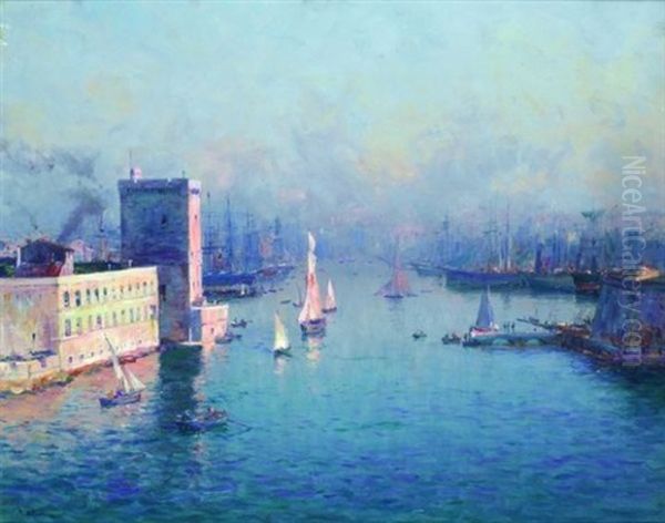 Soleil Levant Sur L'entree Du Port De Marseille Oil Painting by Jean Baptiste Olive