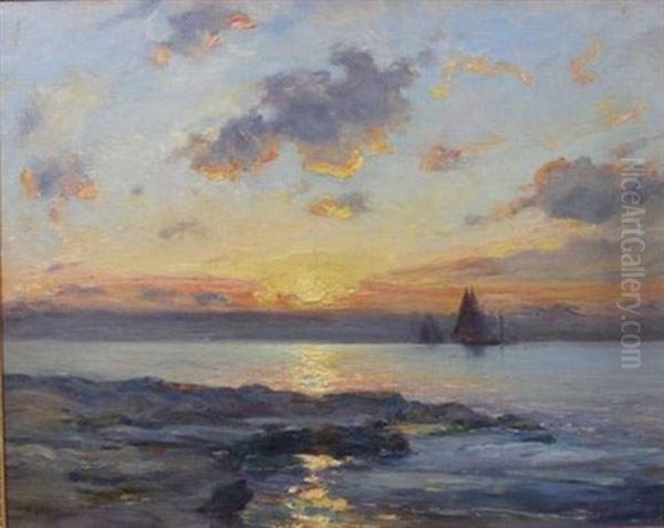 Voiliers Au Coucher Du Soleil Oil Painting by Jean Baptiste Olive