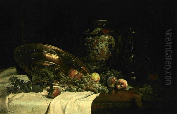 Nature Morte Au Plat D'offrande, A La Potiche Chinoise, Aux Raisins Et Aux Peches Oil Painting by Jean Baptiste Olive