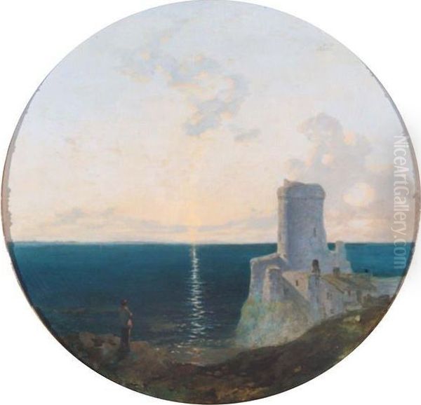 A Coastal Sunset With Castle Ruins And Figure Looking Out Towards The Horizon Oil Painting by William James Blacklock