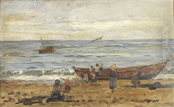 Vista De Praia Com Pescadores Oil Painting by Joao-Marques de Oliveira