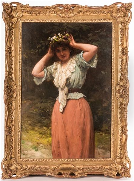 Woman With Floral Wreath Oil Painting by William Oliver the Younger