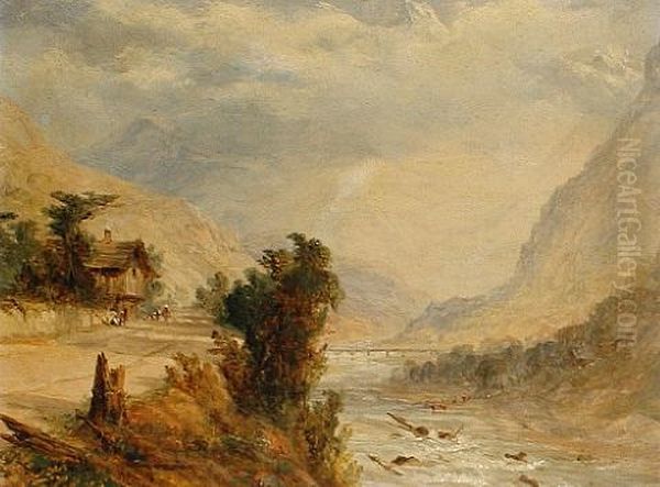 A Swiss River Landscape Oil Painting by William Oliver the Younger