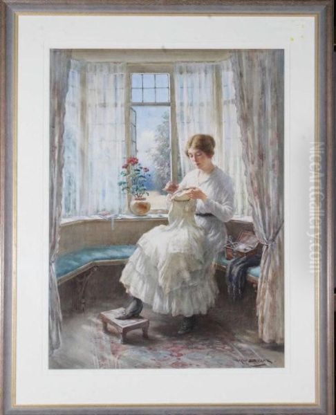 The Artist's Wife Seated In A Bay Window Sewing Oil Painting by William Kay Blacklock