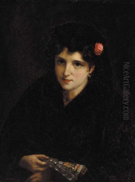 Portrait Of A Spanish Beauty Wearing Black With A Rose In Her Hair Oil Painting by William Oliver the Younger