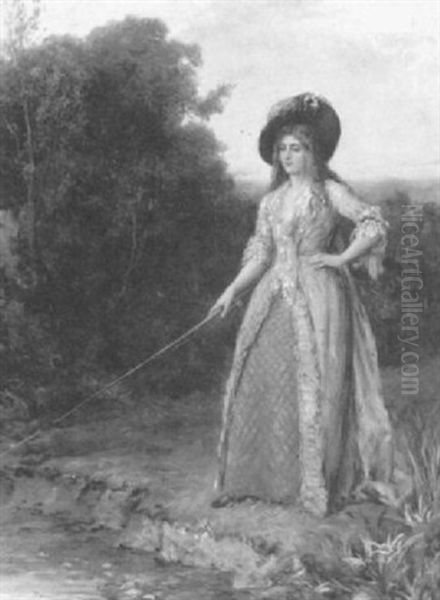 Portrait Of A Lady At Bankside, Fishing Oil Painting by William Oliver the Younger