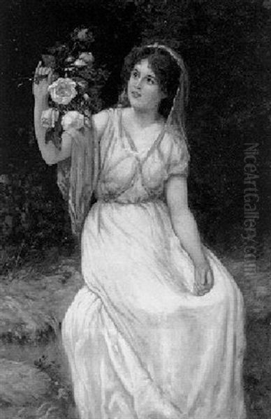 A Young Beauty With A Bouquet Of Roses Oil Painting by William Oliver the Younger