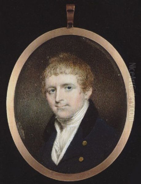 A Gentleman With Blond Hair Wearing Blue Coat With Black Collar And Gold Buttons, White Waistcoat And Cravat Oil Painting by Archer James Oliver