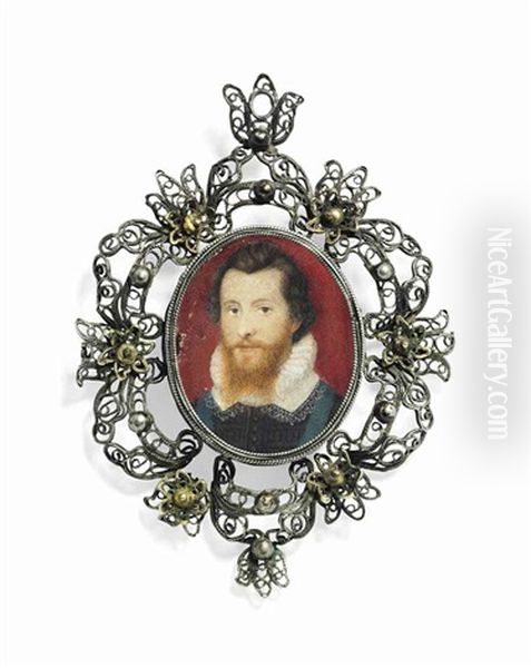 Robert Devereux, 2nd Earl Of Essex (1565-1601), In Black Doublet, White Collar And Wearing The Order Of The Garter; Red Background Oil Painting by Isaac Oliver