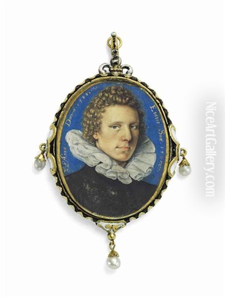 A Young Gentleman, Aged 19, In Black Doublet, White Ruff; Blue Background With Gold Border Oil Painting by Isaac Oliver