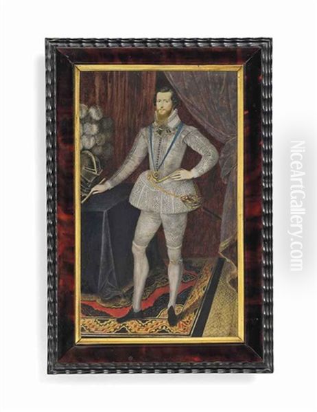 Robert Devereux, 2nd Earl Of Essex (1565-1601), Standing Full-length, In Embroidered White Doublet And Hose, Gilt-studded Armour Collar, Lace-trimmed... Oil Painting by Isaac Oliver