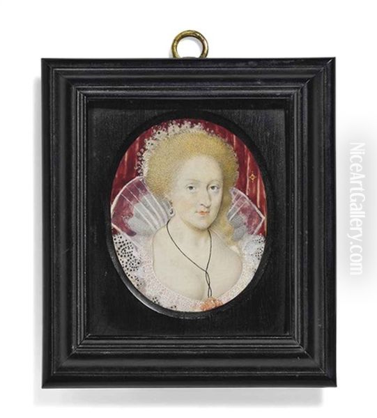 Anne Of Denmark, In Lace-bordered Decollete White Dress With High-stand Gauze Collar And Standing Lace Collar, Dress Adorned With Pearls And Pearls Oil Painting by Isaac Oliver