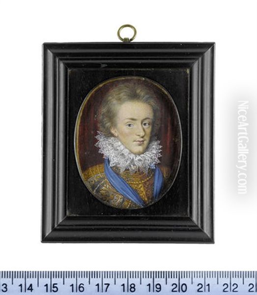 Henry, Prince Of Wales, Before Red Drapery, Wearing Damascened Armor, White Lace Ruff, Blue Ribbon Of The Order Of The Garter About His Neck Oil Painting by Isaac Oliver