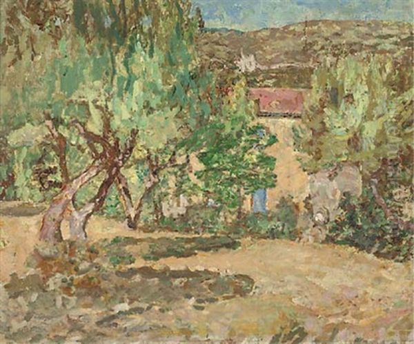 A Mediterranean Garden (+ Sunlit Trees, Larger; 2 Works) Oil Painting by Madge Oliver