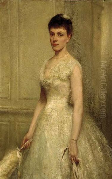 Portrait Of Rosalind Speid In A White Dress, Holding A Fan Oil Painting by Robert Dudley Oliver