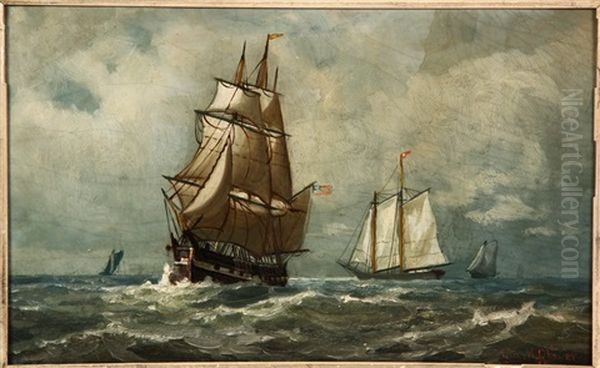 American Warship Under Sail, Schooners Aft Oil Painting by Thomas Clarkson Oliver