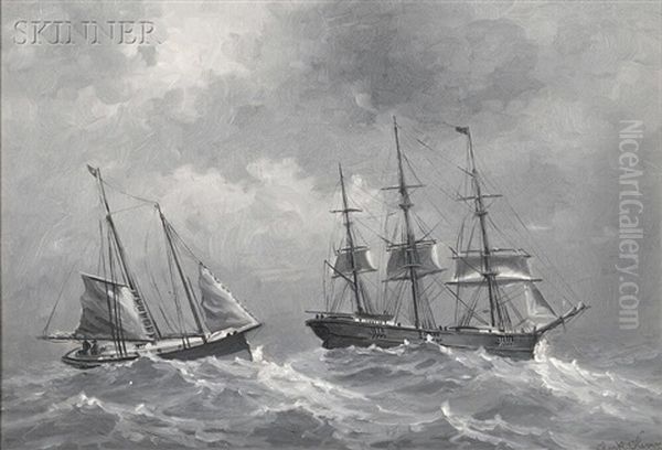 Two Ships In A Storm Oil Painting by Thomas Clarkson Oliver