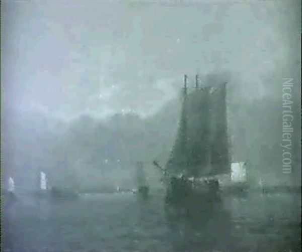 Ships At Sea/ A View Of Boston Harbor Oil Painting by Thomas Clarkson Oliver