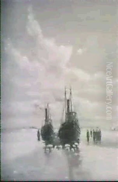 Tugs In A Frozen Harbor Oil Painting by Thomas Clarkson Oliver