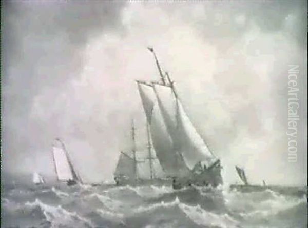 Sailing Vessels In A Stiff Breeze Oil Painting by Thomas Clarkson Oliver