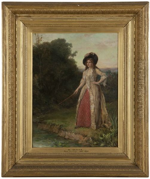 A Lady Fishing In A Pond Oil Painting by William Oliver