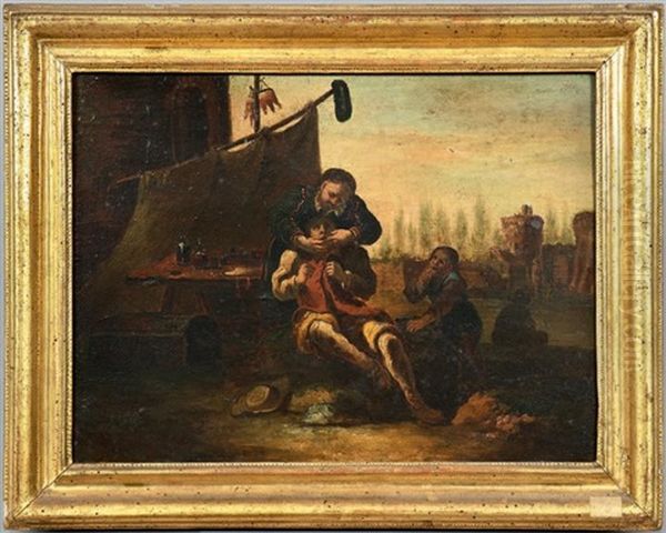 L'arracheur De Dents, Bergere Offrant De L'eau A Un Cavalier (2 Works) Oil Painting by Pietro Domenico Olivero