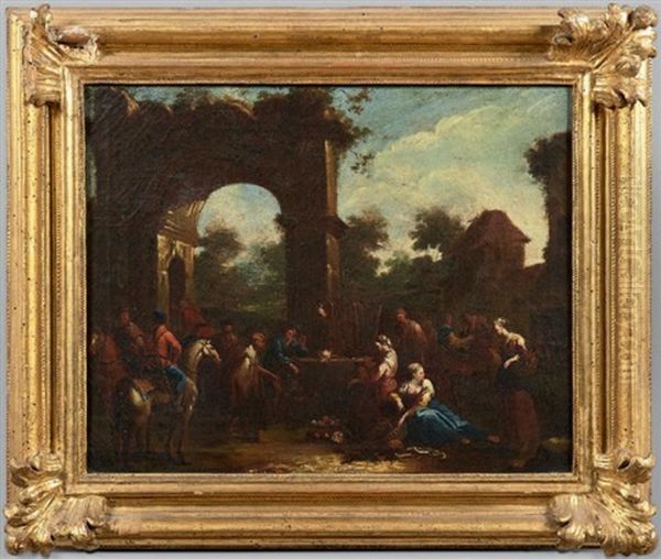 Scene De Marche Sous Un Arc Antique, Scene De Marche A Cote D'un Peristyle (2 Works) Oil Painting by Pietro Domenico Olivero