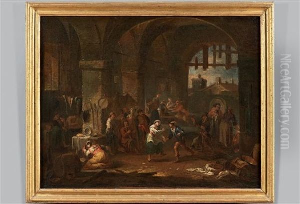 Les Joueurs De Cartes, La Danse Paysanne (2 Works) Oil Painting by Pietro Domenico Olivero