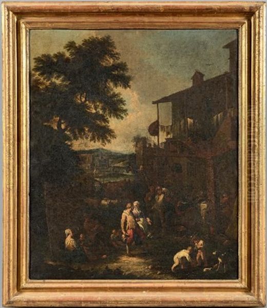 Paysans Devant Une Auberge, Le Repas Des Paysans (2 Works) Oil Painting by Pietro Domenico Olivero