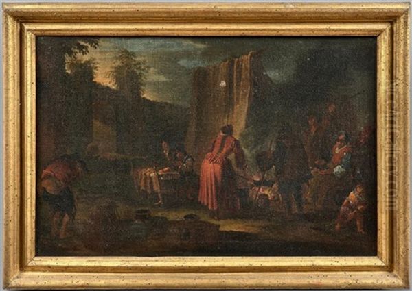 Scene De Campement, Rixe De Paysans (2 Works) Oil Painting by Pietro Domenico Olivero