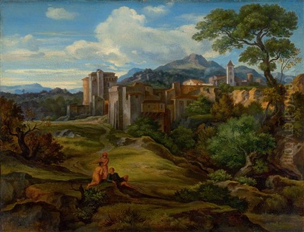 Landscape In The Campagna With A Fortified City by Ferdinand von Olivier