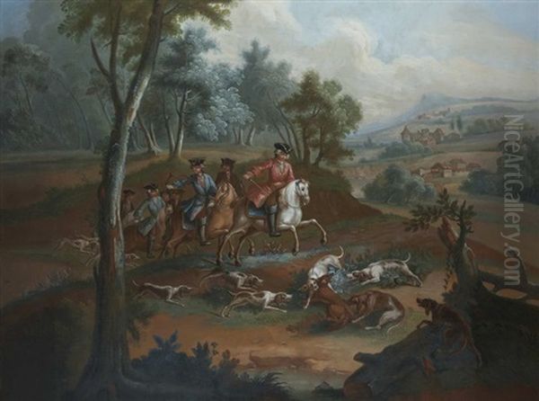 Scene De Chasse A Courre Au Renard : L'hallali Oil Painting by Michel Barthelemy Olivier