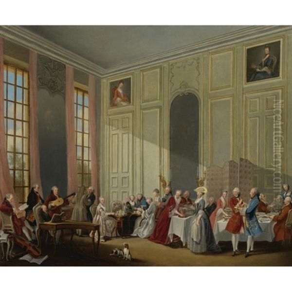 Mozart Giving A Concert In The Salon Des Quatre-glaces Au Palais Dutemple In The Court Of The Prince De Conti Oil Painting by Michel Barthelemy Olivier