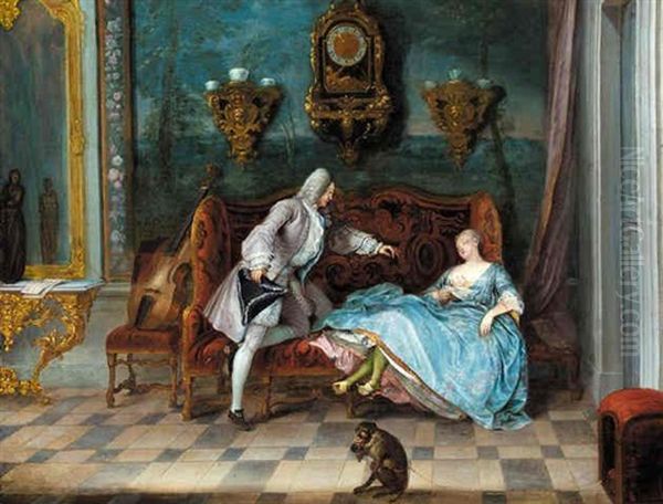 An Interior With A Sleeping Lady Holding A Letter And A Gentleman Seated Beside Her Oil Painting by Michel Barthelemy Olivier