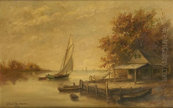 Fishingand Rowing Boats Off A Jetty Oil Painting by Arthur Edward Blackmore