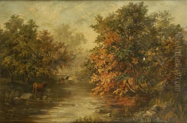 Autumn,cattle Watering In The Shallows Of A River Oil Painting by Arthur Edward Blackmore