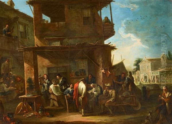 A Village Market Scene Oil Painting by Pietro Domenico Oliviero