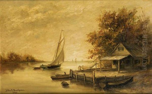 Fishing And Rowing Boarts Offa Jetty Oil Painting by Arthur Edward Blackmore