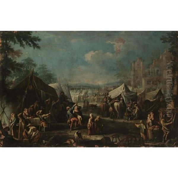 A Military Encampment Beside Some Ruins With Figures Dancing And Making Merry In The Foreground Oil Painting by Pietro Domenico Oliviero