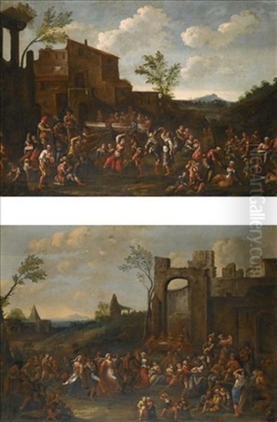 A Village Festival Before A Tavern ((+ A Village Festival Amongst Classical Ruins; Pair) Oil Painting by Pietro Domenico Oliviero