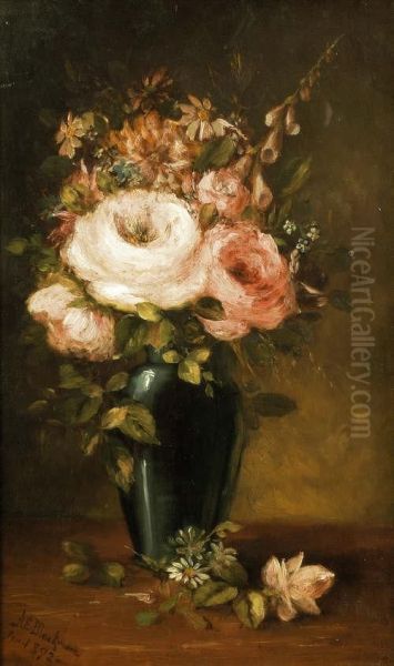 Pink Roses In A Greenearthenware Vase Oil Painting by Arthur Edward Blackmore